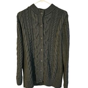 Vintage L.L. Bean Fishermen Cable Knit Cardigan Cotton Sweater Charcoal Gray, L